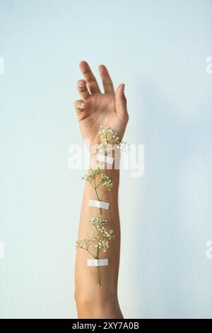Braccio, fiori e benessere con modello in studio per consapevolezza, crescita o guarigione naturale. Sanità, medico e consapevolezza con persona in grigio Foto Stock