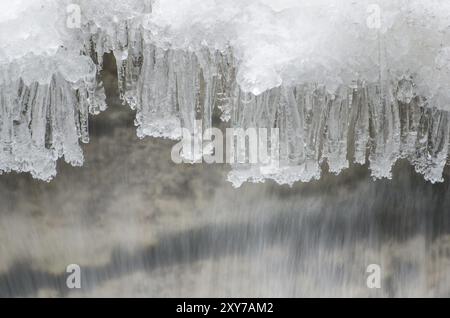 Icicles on a stream, Atndalen, Hedmark Fylke, Norvegia, aprile 2012, Europa Foto Stock