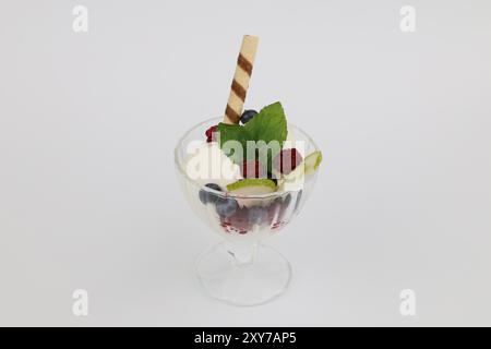 Gelato con mirtilli freschi, bastoncino di menta e cialda in vaso di vetro isolato su sfondo bianco. Foto Stock