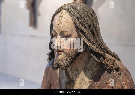 Testa di Cristo, particolare del Palmesel, figura lignea del 1520 circa, Museo Dioezesan, . Rottenburg, Baden-Wuerttemberg, Germania, Europa Foto Stock