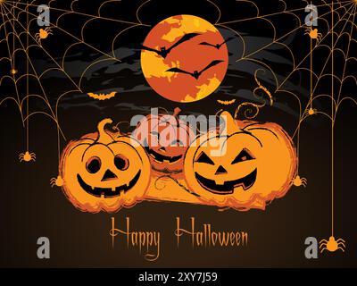 Un poster a tema Halloween con tre zucche e una ragnatela. L'atmosfera del poster è spettrale e festosa. Il poster dice e intitolato "Happy Hallow" Illustrazione Vettoriale