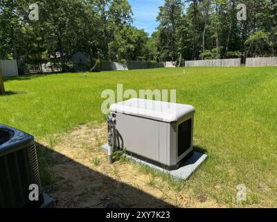 Generatore di standby installato che utilizza propano di gas naturale per uso residenziale in cortile Foto Stock