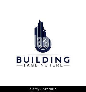 B iniziale con design del logo vettoriale dell'edificio. Lettera B logo simbolo di costruzione Illustrazione Vettoriale