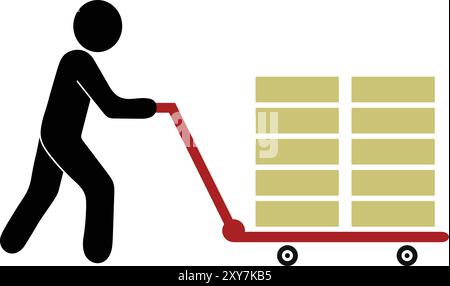 Uomo con ruote del carrello per la spedizione, scatole di carico e scarico su camion, uomo che trasporta merci pesanti, uomo carrello per la consegna, carrello per camion a mano Dolly ico Illustrazione Vettoriale