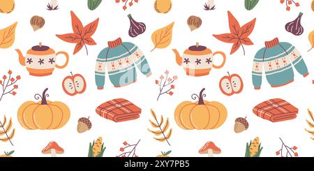 Motivo autunnale senza cuciture, graziosi oggetti di stagione disegnati a mano. Illustrazione vettoriale in stile piatto Illustrazione Vettoriale