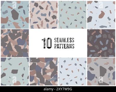 Set di pattern senza cuciture per imitazione del terrazzo. Realistica consistenza in marmo con frammenti di pietra Illustrazione Vettoriale