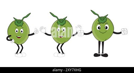 Set di personaggi verdi del cartone animato di frutta di cocco, Mascot posa con espressione del sorriso illustrazione vettoriale isolata Illustrazione Vettoriale