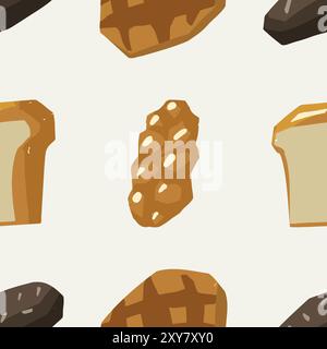 Disposizione senza cuciture di vari tipi di pane. Waffle, pane, baguette, panini, pretzel, croissant e altri prodotti da forno Illustrazione Vettoriale