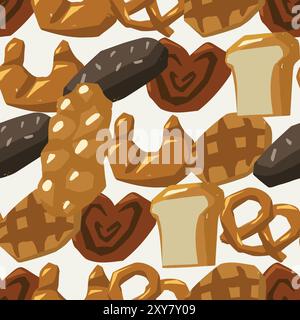 Disposizione senza cuciture di vari tipi di pane. Waffle, pane, baguette, panini, pretzel, croissant e altri prodotti da forno Illustrazione Vettoriale