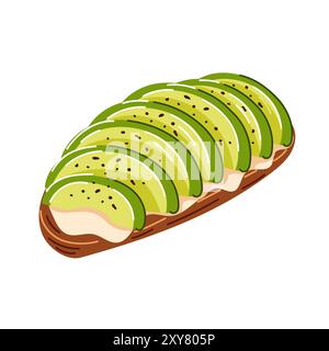 Toast all'avocado con pane di segale scuro con fette di avocado, formaggio fresco e pepe. Stile cartoni animati. Colazione salutare per menu e ristoranti di design Illustrazione Vettoriale