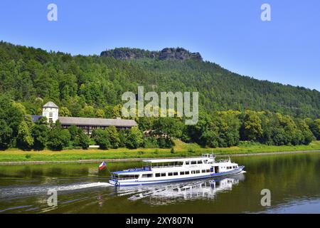 Vista di lilienstein in svizzera sassone in Germania in estate. L'Elba a Koenigstein nella Svizzera sassone con vista sul Lilienstein Foto Stock