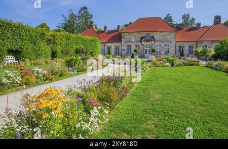 Giardino parterre con aiuole di fronte al Palazzo Vecchio nel Parco del Palazzo dell'Ermitage, Bayreuth, alta Franconia, Franconia, Baviera, Germania, Europ Foto Stock