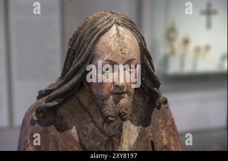 Testa di Cristo, particolare del Palmesel, figura lignea del 1520 circa, Museo Dioezesan, . Rottenburg, Baden-Wuerttemberg, Germania, Europa Foto Stock