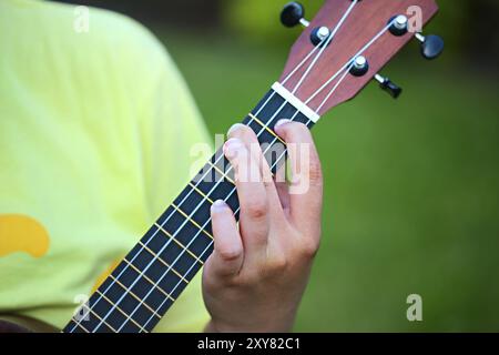 Carino teen ragazza che gioca il suo ukulele all aperto in serata. Close up Foto Stock