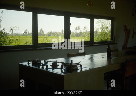 Cucina isolana in cemento dotata di sgabelli da bar, fornello incassato e vista della risaia dalle finestre panoramiche Foto Stock