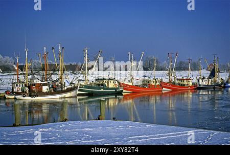 Barche da pesca di diversi colori nel porto coperto di ghiaccio in una soleggiata giornata invernale, Greetsiel, Krummhoern, Frisia orientale, bassa Sassonia, Germania, Europa Foto Stock