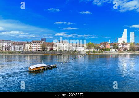 Münster Ferry 'Leu' è un traghetto di reazione sulla riva nord del fiume Reno. Utilizza la corrente fluviale per portare la barca da un lato all'altro. Foto Stock