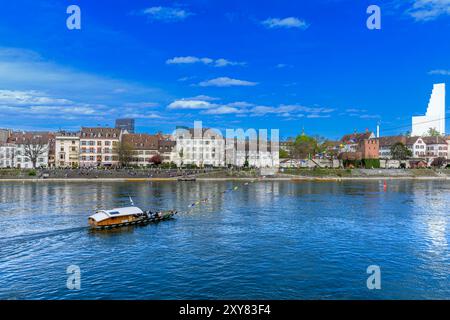 Münster Ferry 'Leu' è un traghetto di reazione sulla riva nord del fiume Reno. Utilizza la corrente fluviale per portare la barca da un lato all'altro. Foto Stock