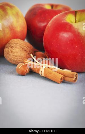 Mele, noci e cannella su sfondo grigio Foto Stock