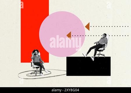 Foto collage creativo foto giovani colleghi lavoratori d'affari poltrona ufficio piattaforma circolare direzione freccia raggiungere l'obiettivo Foto Stock