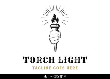 Torcia a mano vintage Sketch Fire Flame Light per lo sport Event Logo Design Vector Illustrazione Vettoriale