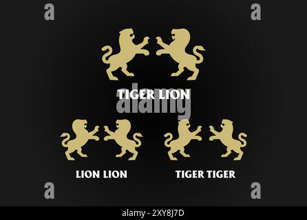 Design con logo Golden strong Lion Leo e Tiger silhouette Illustrazione Vettoriale