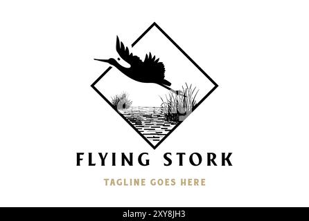 Uccello con silhouette di Heron Square Flying Stork e logo di Grass River Creek Swamp Lake Vector Illustrazione Vettoriale