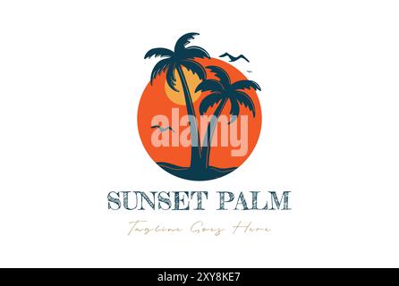 Circular Circle Sunset Beach Sea Wave con Palm Coconut Trees Island per il Tropical Surf Travel Vacation Logo Illustrazione Vettoriale