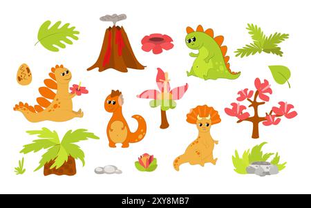 Set di dinosauri preistorici e piante e vulcano, pietre, fiori di rafflesia, uova, nido, cespugli in stile cartoni animati per bambini isolati su bianco . Illustrazione Vettoriale