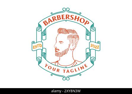 Testa maschile maschile maschile vintage retrò per Barbershop taglio di capelli distintivo stile salone Emblem Label Logo Design Illustrazione Vettoriale