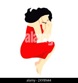 Una giovane ragazza o donna giace con le gambe piegate e le mani premute sul corpo con un vestito rosso. Illustrazione in stile realistico piatto. Vista dall'alto. Illustrazione Vettoriale