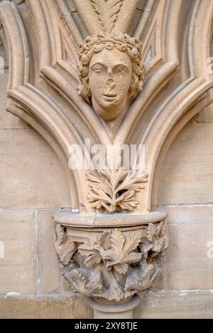 Particolare di una faccia nella Chapter House, Southwell Minster, Southwell, Nottinghamshire, East Midlands, REGNO UNITO Foto Stock