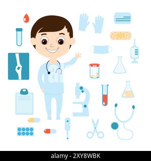 Set ragazzo vestito come un medico e strumenti medici maschera, provette, piastra, pillole, microscopio, raggi x, gocce di sangue, guanti, siringa, termometro, st Illustrazione Vettoriale