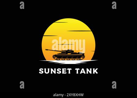 Sunset Sunrise Desert Tank silhouette con logo Vector Illustrazione Vettoriale