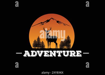 Tramonto tramonto alba Cervo Antler con cedro di pino Evergreen Conifer Cypress Larch Fir Trees Forest for Wanderlust Wilderness Outdoor Adventure Logo Illustrazione Vettoriale