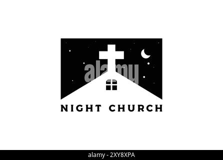 Design del logo della Cappella Cristiana Cattolica Vintage Night Sky Illustrazione Vettoriale