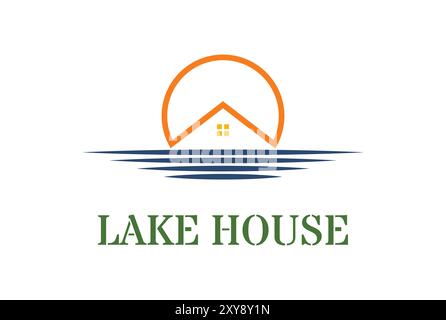 Sunset House River Lake Creek Beach per Cottage Inn o Hotel Logo Design Illustrazione Vettoriale