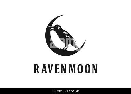 Design Vector con logo Simple Black Raven Crow Moon Crescent Illustrazione Vettoriale