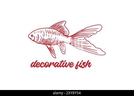 Pesca a mano Comet Fish per il disegno decorativo del logo del Fish Store Illustrazione Vettoriale