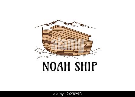 Imbarcazione vintage in legno retrò con logo di Noah Ark sul design della collina Illustrazione Vettoriale