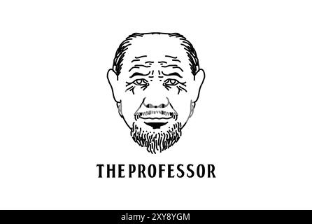 Disegnato a mano Old Man maschio Professor Doctor Head Face Logo Illustrazione Vettoriale