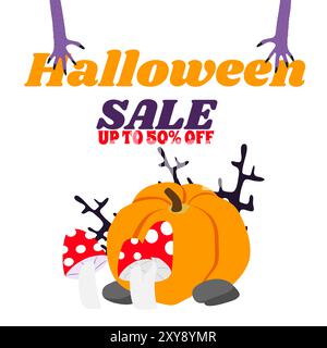 Striscione verticale in vendita Halloween in stile cartoni animati. L'illustrazione raffigura una zucca e due spaventose mani viola che allungano il testo. Illustrazione Vettoriale