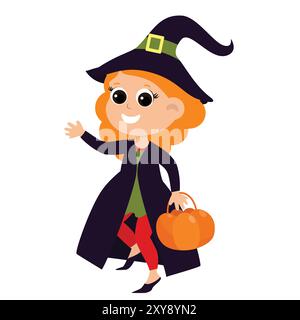 Una strega in mantello. Ragazza con i capelli rossi in costume da strega con un cestino in mano. Illustrazione di Halloween in stile cartoni animati. Illustrazione Vettoriale