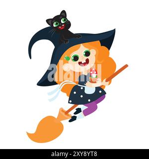 Piccola strega dai capelli rossi che cavalca una scopa con un gatto e un fungo toadstool in mano. Personaggio di Halloween in stile cartone animato isolato su bianco. Illustrazione Vettoriale