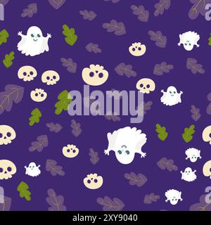 Fantasia senza cuciture con un bel fantasma, un teschio e foglie. Sfondo di Halloween in stile cartoni animati. Modello per imballaggi, tessuti, carte da parati. Illustrazione Vettoriale