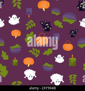 Fantasia senza cuciture di fantasmi, castello, foglie e zucca con foglie. Sfondo di Halloween in stile cartoni animati. Modello per imballaggi, tessuti, carta da parati Illustrazione Vettoriale