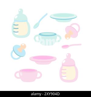 Articoli per bambini: Biberon, piatto, cucchiaio, tazza con manici e succhietto in tonalità rosa e blu. Illustrazione cartoni animati di o Illustrazione Vettoriale