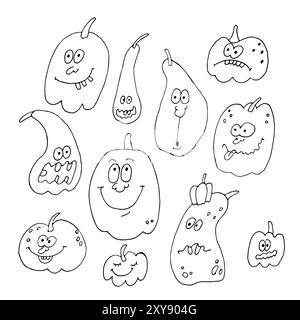 Vettoriale scarabocchiare la zucca di Halloween divertente spaventata e carina isolata su sfondo bianco. Le zucche hanno la faccia, gli occhi e la bocca. Illustrazione disegnata a mano Illustrazione Vettoriale