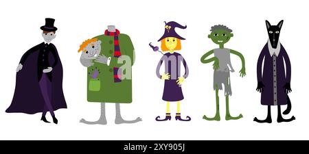 Ambienta personaggi di Halloween come zombie, strega, vampiro, lupo mannaro e uomo senza testa in stile cartoni animati isolati sul bianco. I personaggi sono positivi e divertenti per y Illustrazione Vettoriale