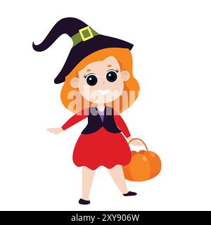 Bambina felice con i capelli rossi in costume da strega con un cestino in mano. Illustrazione di Halloween in stile cartoni animati isolata su sfondo bianco. Illustrazione Vettoriale